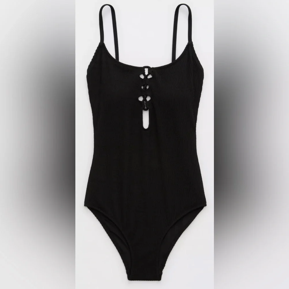 NWT Aerie Crinkle Lace Up One Piece Swimsuit in Black - Size XXS